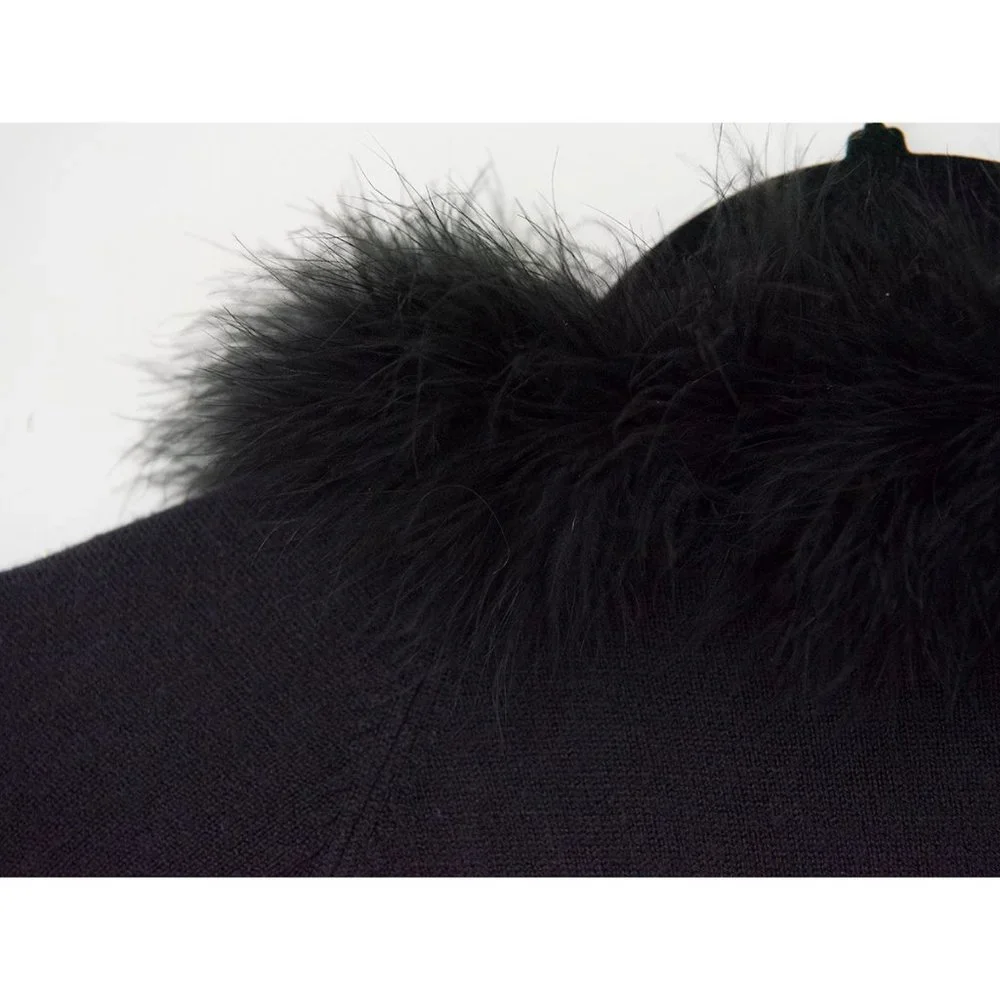 Vintage Talbots Black Acrylic Cardigan Sweater Faux-Fur Collar sz 14 - Picture 9 of 10